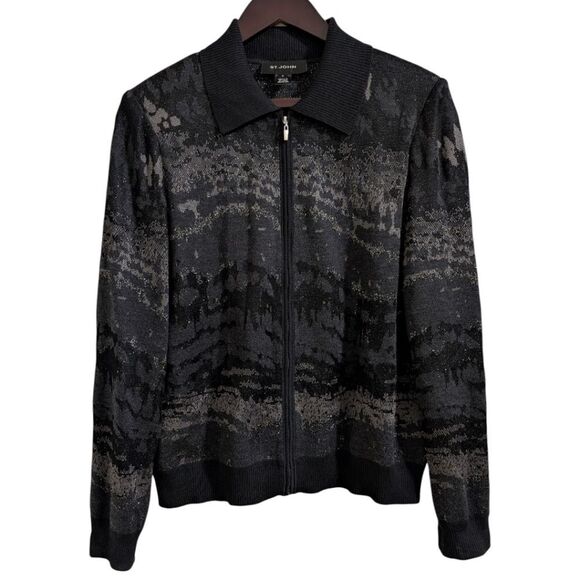 St. John Black Glitter Knit Zip Jacket Cardigan M - Abstract Print Wool Blend